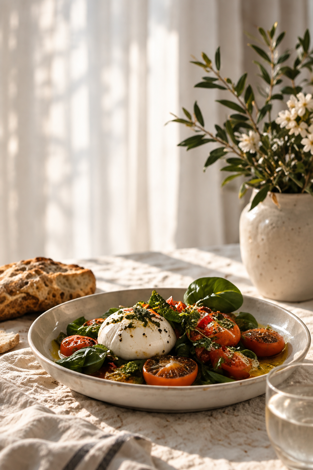Burrata, roasted tomatoes, basil, and bread on a sunlit table