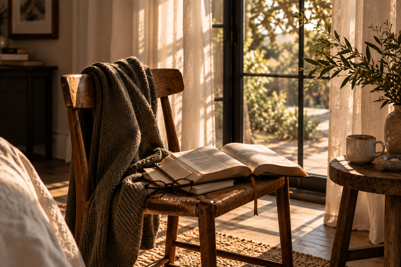 An open Bible and reading glasses on a wooden chair beside a sunlit window