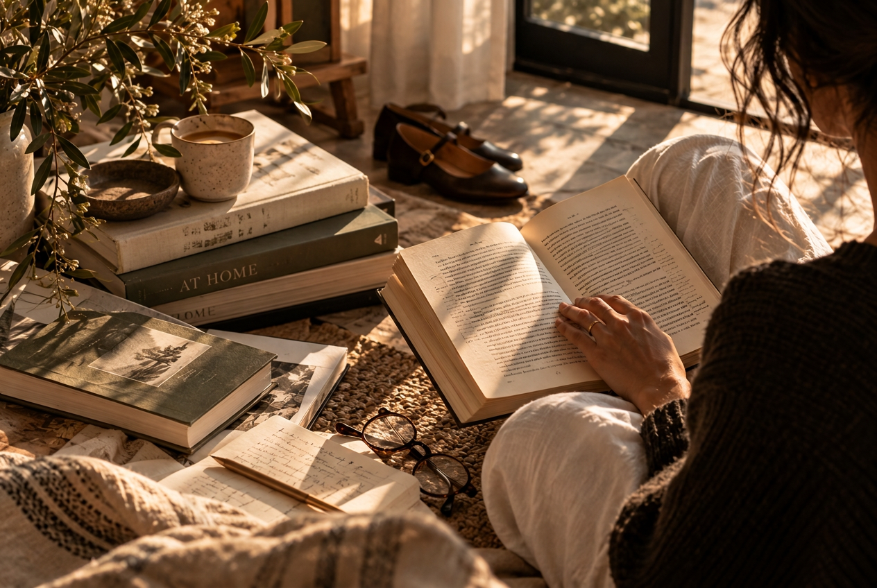 A woman reading on a rug surrounded by books in warm afternoon light