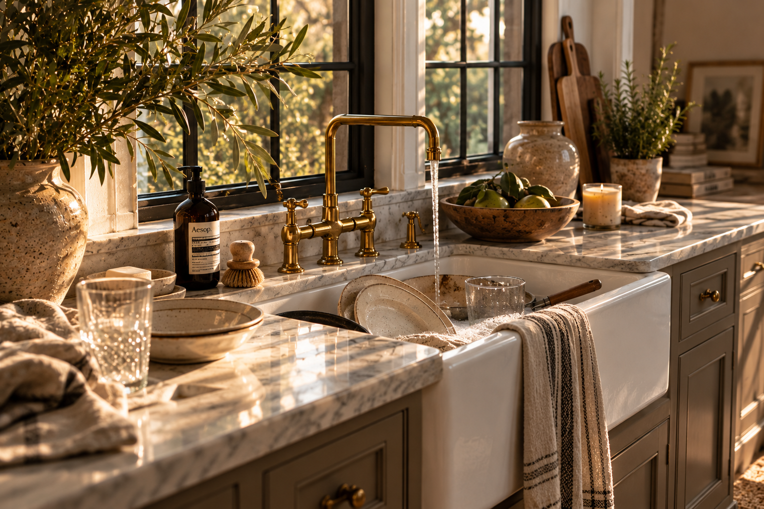 A sunlit lived-in kitchen with dishes in the sink, olive branches, books, and a glowing candle