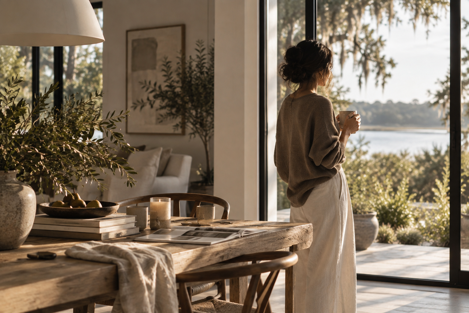 A woman with coffee at open French doors overlooking the water, a table of books, candle and flowers in the foreground.