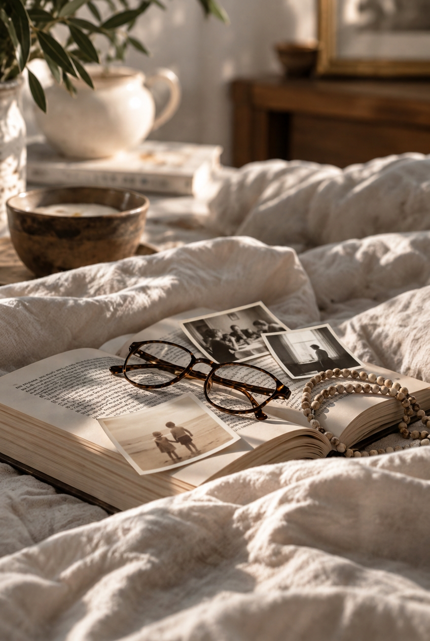 Family photographs, glasses, and prayer beads resting on an open book