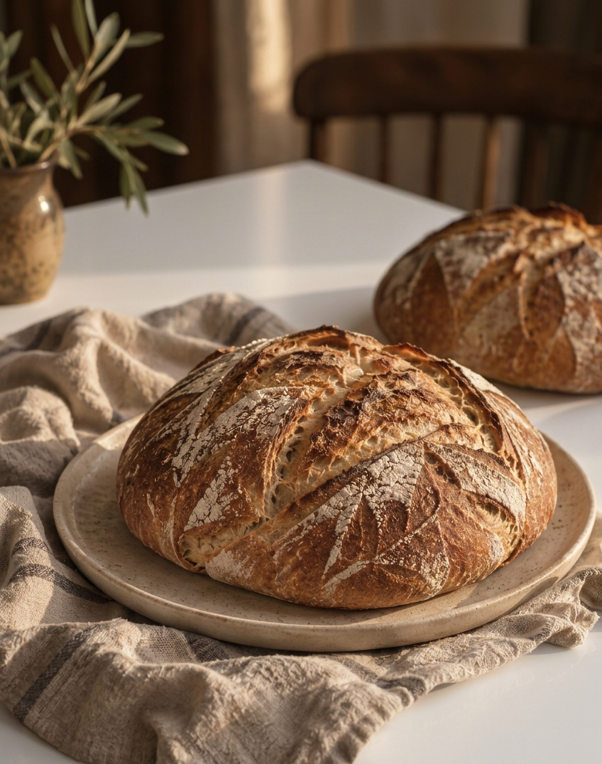 A fresh loaf of bread on a white table