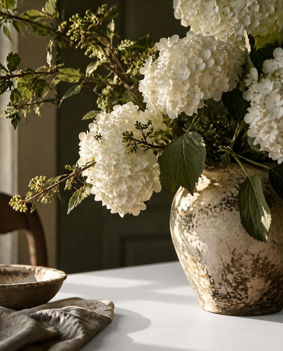 White flowers arranged in a handmade vase